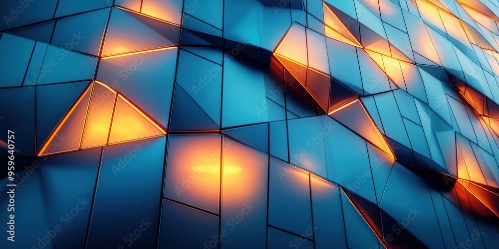 Abstract geometric wall with blue and orange light reflections, creating a modern and dynamic visual effect. Abstract geometric wall with blue and orange light reflections, creating a modern and dynamic visual effect.