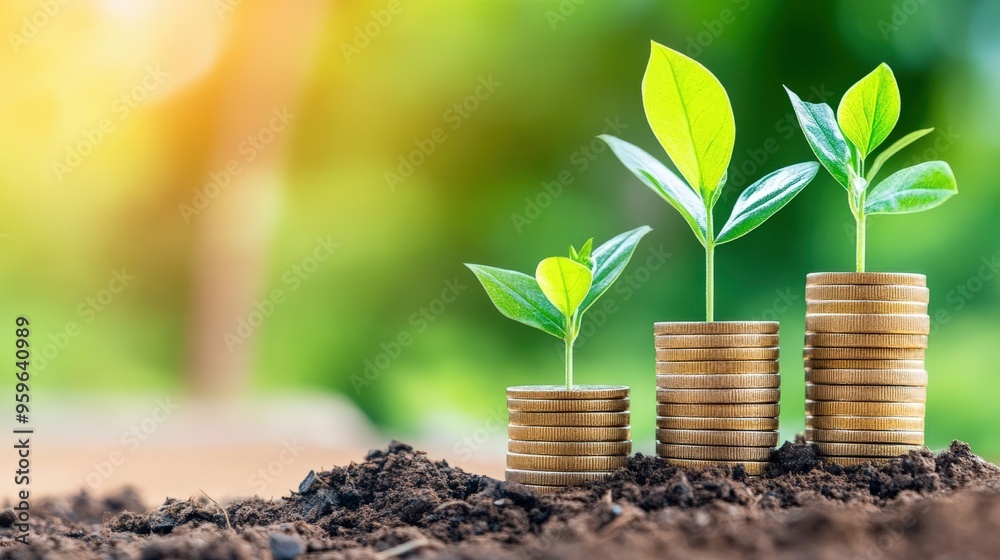 Growing plants emerge from stacks of coins, symbolizing financial growth and sustainability in nature. Growing plants emerge from stacks of coins, symbolizing financial growth and sustainability in nature.