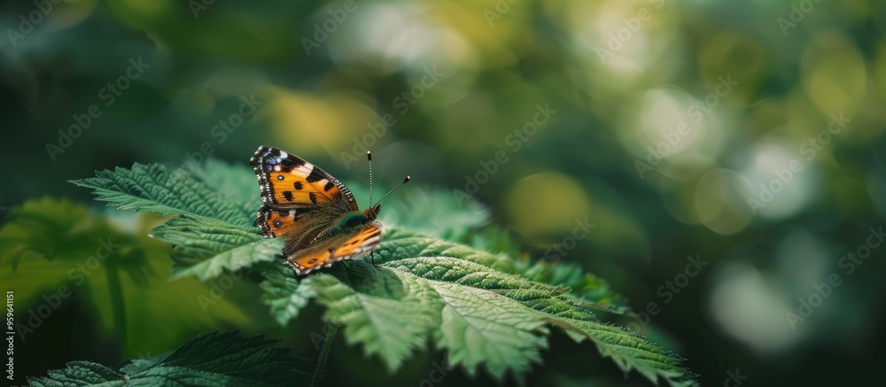 Geranium argus butterfly resting on a green leaf during summer. Copy space image. Place for adding text and design Geranium argus butterfly resting on a green leaf during summer. Copy space image. Place for adding text and design