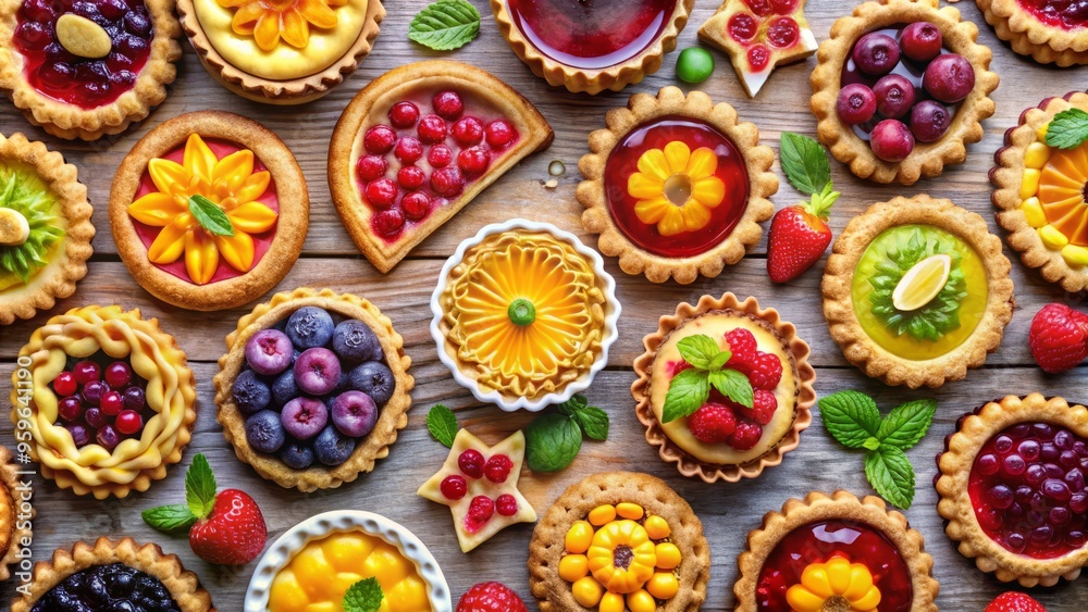 a photo image of whimsical, colorful illustrations of various pie crusts overflowing with vibrant jelly and jam fillings in different shapes and sizes a photo image of whimsical, colorful illustrations of various pie crusts overflowing with vibrant jelly and jam fillings in different shapes and sizes