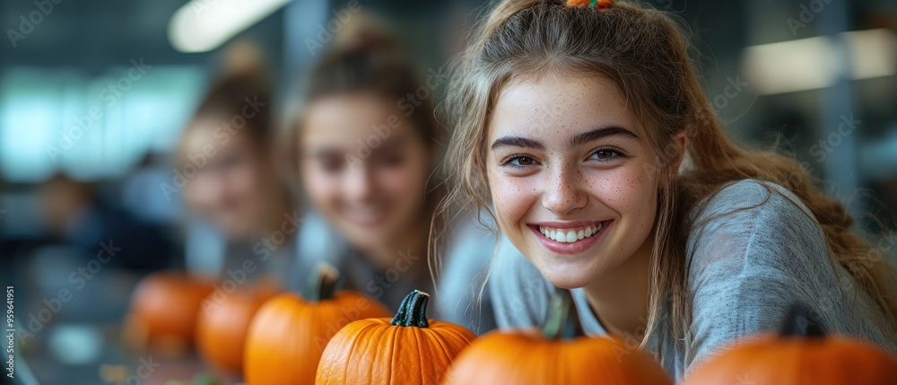 Young Woman Smiling with Pumpkins in Front of Her Young Woman Smiling with Pumpkins in Front of Her