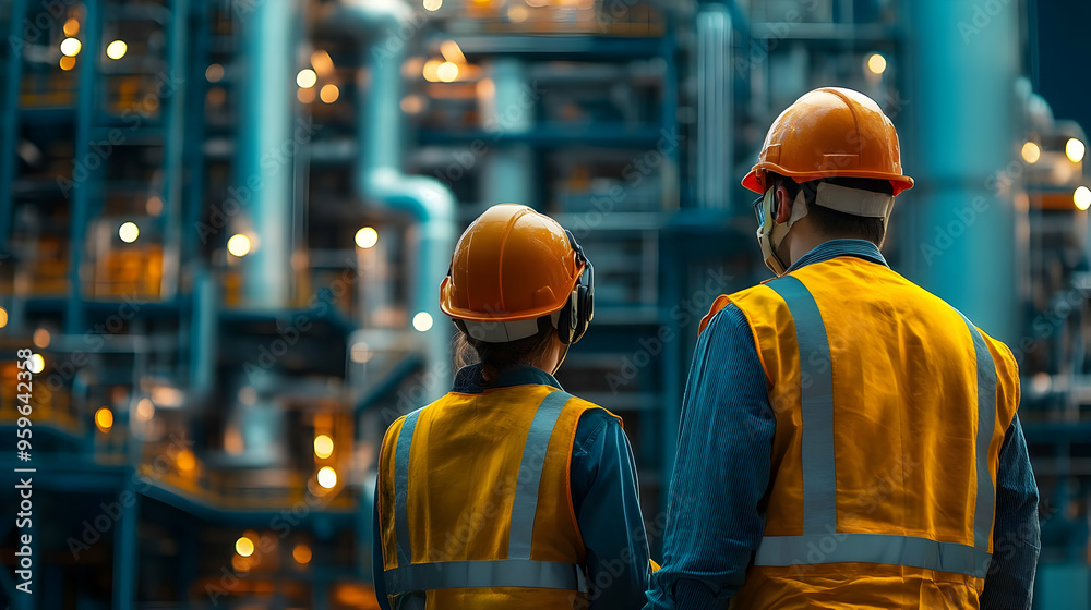 Two workers observing an industrial facility at night. Two workers observing an industrial facility at night.
