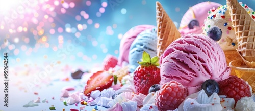 Delicious ice cream treats with a variety of toppings. Copy space image. Place for adding text and design