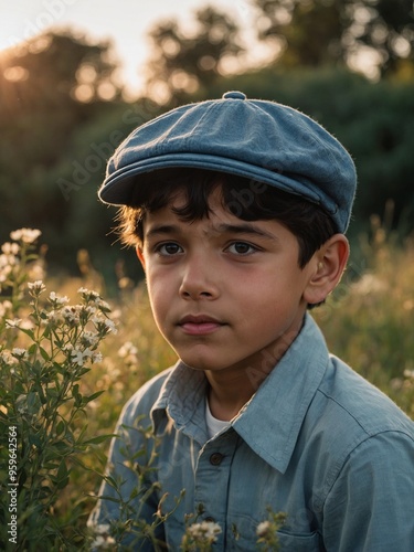 Young Hispanic boy with short dark hair wearing blue cap, standing in field of flowers on sunny day