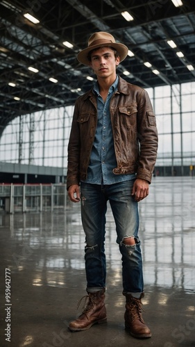 Middle-aged Caucasian man with short brown hair wearing brown leather jacket, denim shirt, and distressed blue jeans standing in indoor setting with large windows