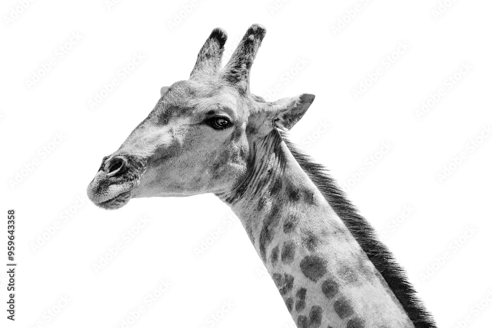 Naklejka premium Giraffe head long neck silhouette white background isolated closeup, giraffa face, black and white art, African wild nature wallpaper design, Africa savannah safari, animal pattern, decoration, print