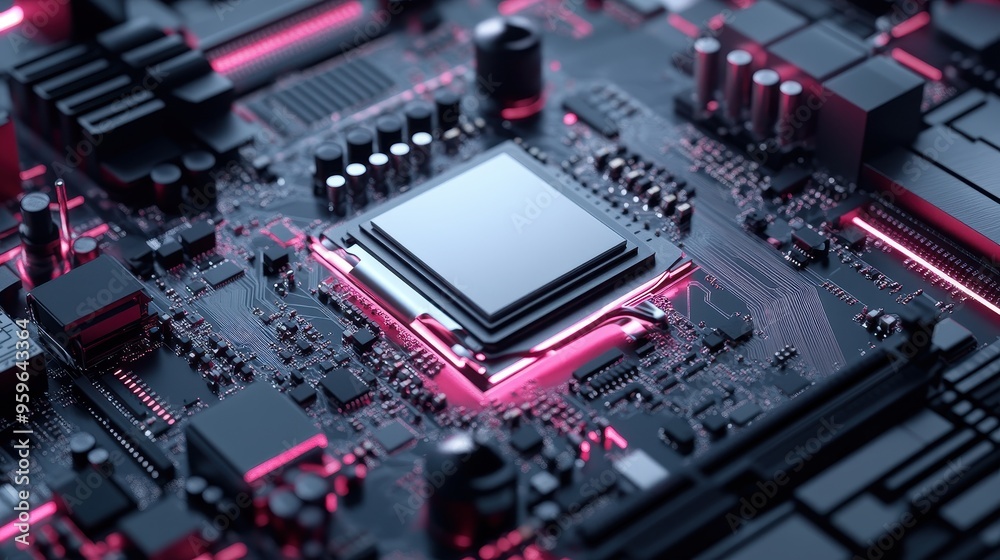 Close-up of a Modern Computer Microchip on a Circuit Board with Pink Neon Lighting Close-up of a Modern Computer Microchip on a Circuit Board with Pink Neon Lighting