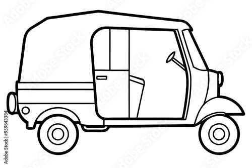 Auto Rickshaw line art drawing, Classic auto rickshaw outline vector