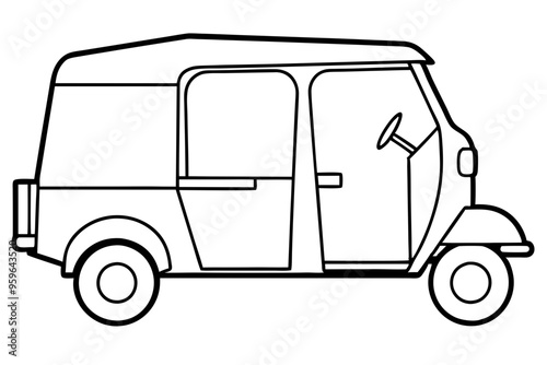 Auto Rickshaw line art drawing, Classic auto rickshaw outline vector