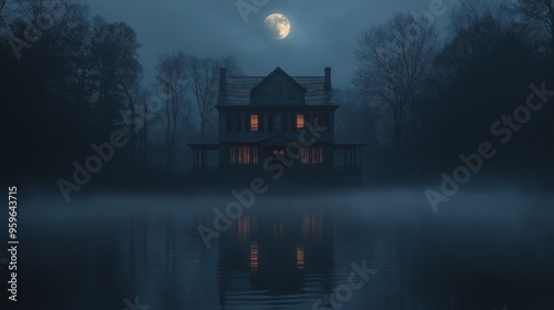 Eerie Haunted House by Moonlit Foggy Lake at Night with Spooky Atmosphere and Reflections