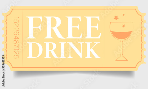 Pastel yellow coupon for a free drink. Glass of martini, champagne, etc.
