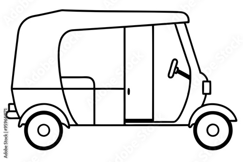 Auto Rickshaw line art drawing, Classic auto rickshaw outline vector