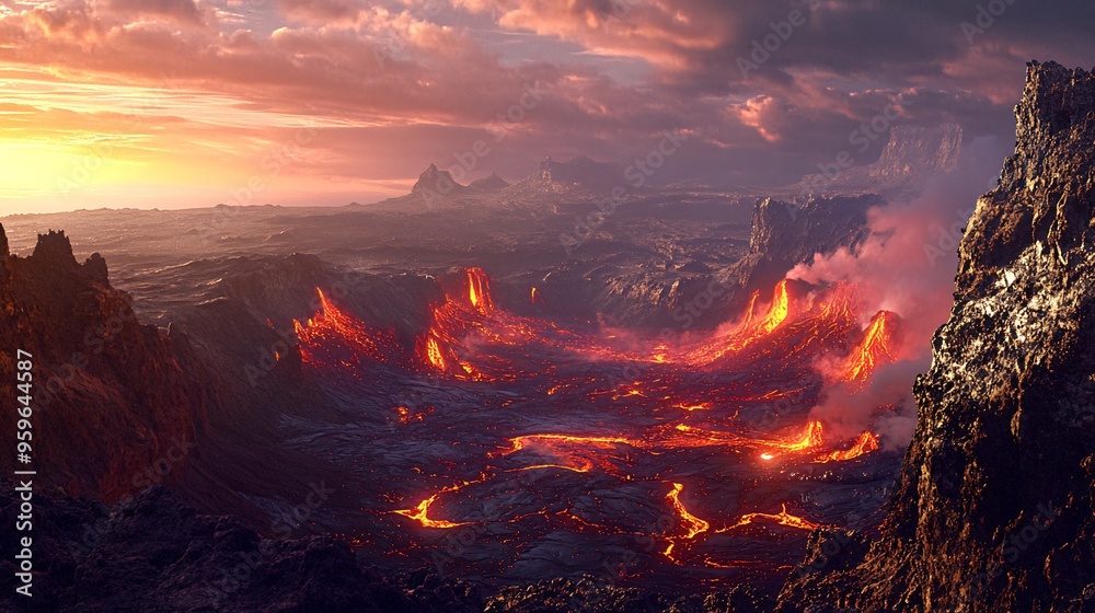 Fototapeta premium A fiery volcanic landscape with molten lava flowing between rocky cliffs at sunset.