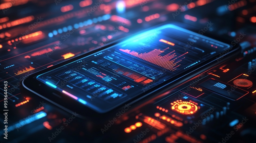 A modern smartphone displaying a water usage dashboard with animated historical data, glowing holograms, and smooth transitions, surrounded by a sci-fi-inspired digital environment, neon-infused. A modern smartphone displaying a water usage dashboard with animated historical data, glowing holograms, and smooth transitions, surrounded by a sci-fi-inspired digital environment, neon-infused.