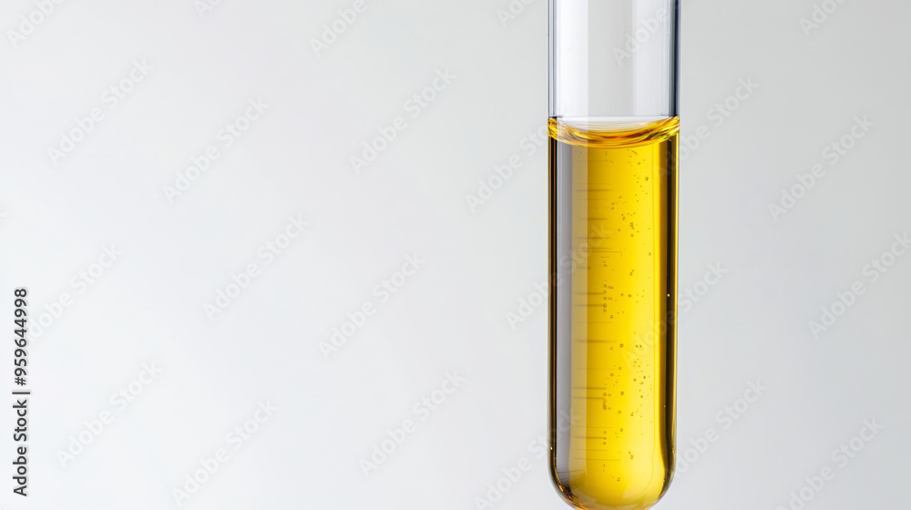 A glass tube filled with oil, photographed against a white backdrop. This oil is being tested in an industrial lab to see how well it works. A glass tube filled with oil, photographed against a white backdrop. This oil is being tested in an industrial lab to see how well it works.