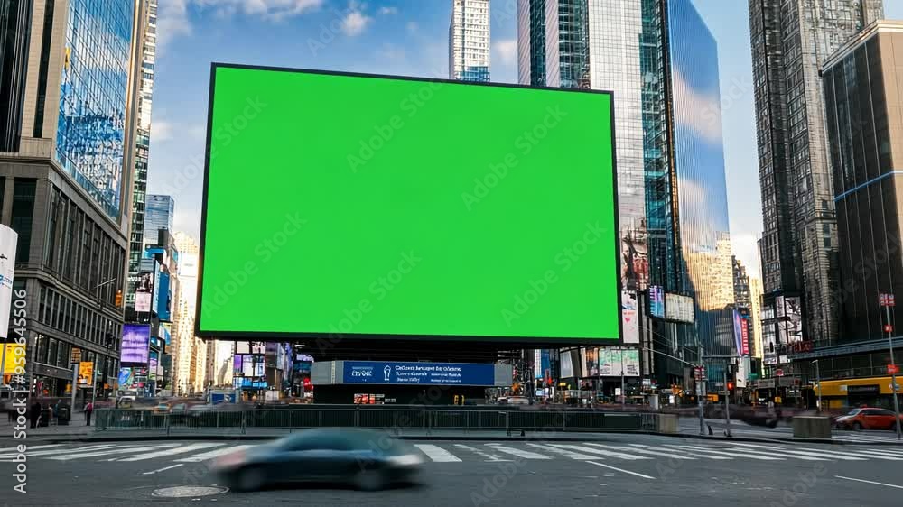 Large blank green screen billboard in the heart of Times Square, New York, perfect for advertising, marketing concepts, and holiday celebrations such as New Year's Eve