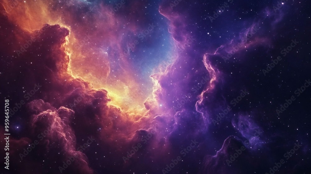 A vast, colorful nebula with wispy clouds of gas and dust illuminated by stars. A vast, colorful nebula with wispy clouds of gas and dust illuminated by stars.