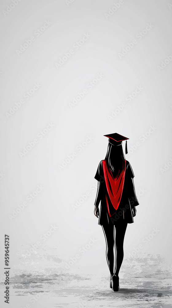 A woman in a red graduation cap and gown walks across a gray background ...
