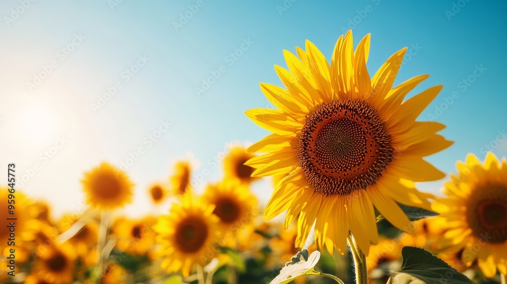 Fototapeta premium A panoramic view of a vibrant sunflower field with tall golden blooms stretching towards a clear blue sky, Realistic, Warm tones, Photography, Crisp details with gentle sunlight casting soft shadows.