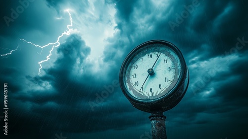 A water gauge in the midst of a storm, the needle bouncing erratically as thunder roars and lightning illuminates the cloudy sky photo