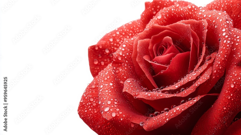 A close-up of a vibrant red rose with delicate dew drops on velvety petals, isolated on a pure white background, hyper-detailed, high-resolution, botanical illustration style. A close-up of a vibrant red rose with delicate dew drops on velvety petals, isolated on a pure white background, hyper-detailed, high-resolution, botanical illustration style.