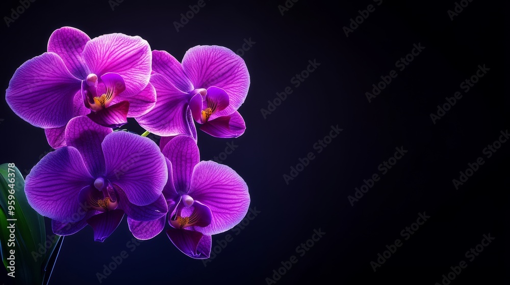 Obraz premium A luxurious purple orchid, its petals gently glowing with soft neon light, set against a sleek, minimalist black backdrop. Elegant, modern, digital art, high resolution.
