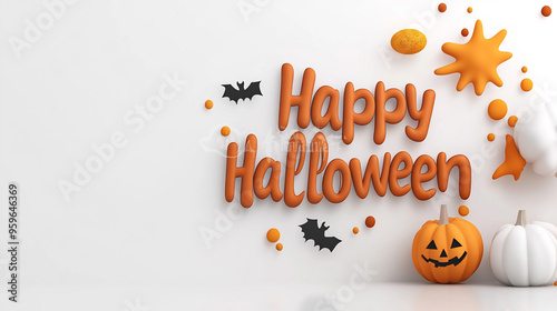 Happy Halloween is a 3D lettering on a white background with paint splatters and Halloween decorations. photo