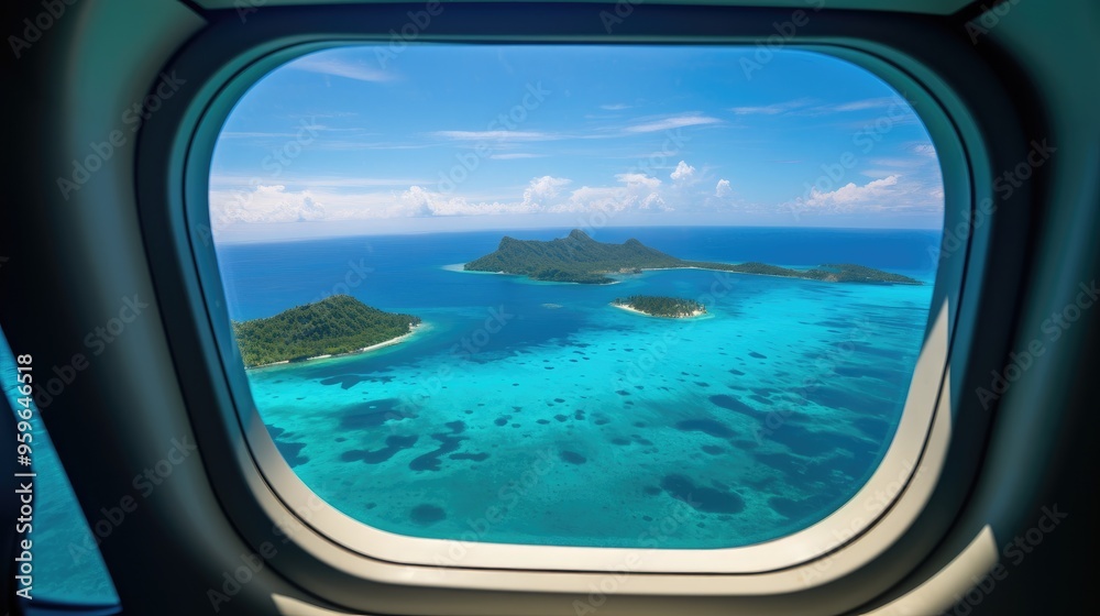 Naklejka premium View from an airplane window to a tropical island with sandy beaches in a blue ocean against a blue daytime sky.