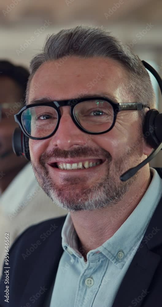 Sales agent, call center and face with microphone for customer service or crm in technical support. Mature person, businessman and portrait with headset as virtual assistant or professional in Malta