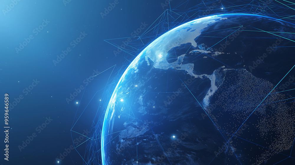 Abstract digital planet Earth with glowing global network connections, blue frosted glass and white acrylic elements, set against a clean dark background. High-detail 8K rendering with data visualizat Abstract digital planet Earth with glowing global network connections, blue frosted glass and white acrylic elements, set against a clean dark background. High-detail 8K rendering with data visualizat