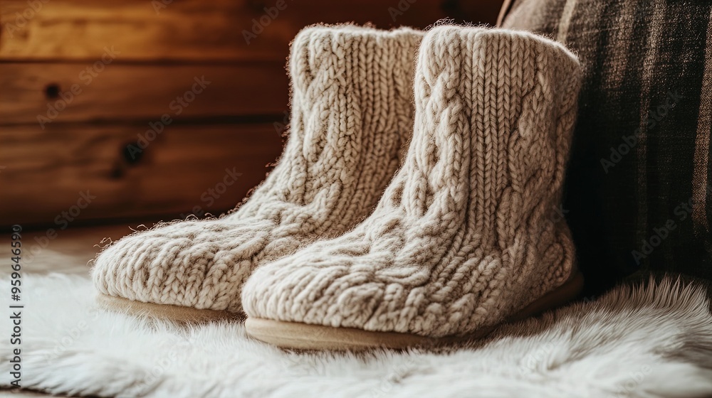 Cozy Oversized Knitted Booties in Soft Oatmeal - Perfect for Home Lounging This Winter! Ideal as a Stylish Poster for Your Warm, Inviting Space. Cozy Oversized Knitted Booties in Soft Oatmeal - Perfect for Home Lounging This Winter! Ideal as a Stylish Poster for Your Warm, Inviting Space.