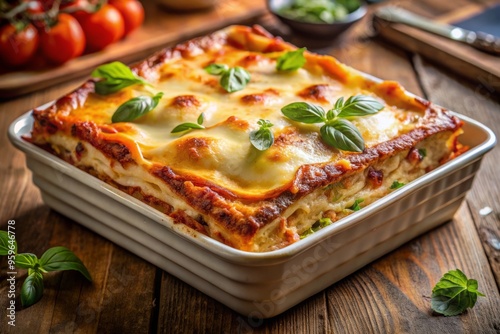 Photo image of a warm, golden-brown lasagna fresh out of the oven, layered with creamy ricotta cheese and soft, melted mozzarella.