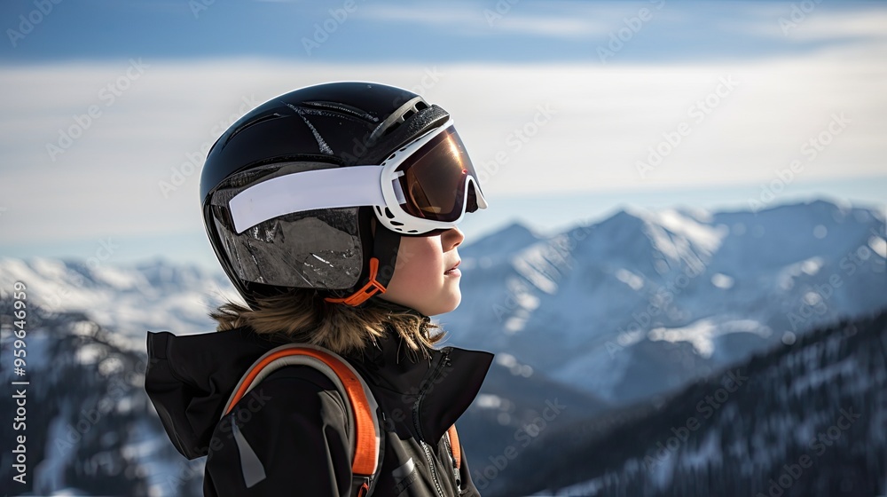 A boy child in ski goggles and equipment looks to the side against the backdrop of a sunny winter mountain landscape A boy child in ski goggles and equipment looks to the side against the backdrop of a sunny winter mountain landscape