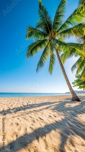 palm tree shadow on sandy beach with tranquil ocean and bright blue sky - tropical paradise summer vacation.