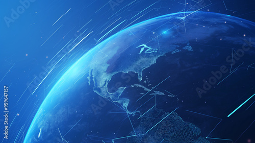 Abstract digital planet Earth with glowing global network connections, blue frosted glass and white acrylic elements, set against a clean dark background. High-detail 8K rendering with data visualizat