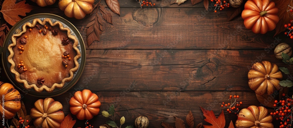 custom made wallpaper toronto digitalpumpkin pie pumpkins leaves and berries on a wooden surface. Copy space image. Place for adding text and design