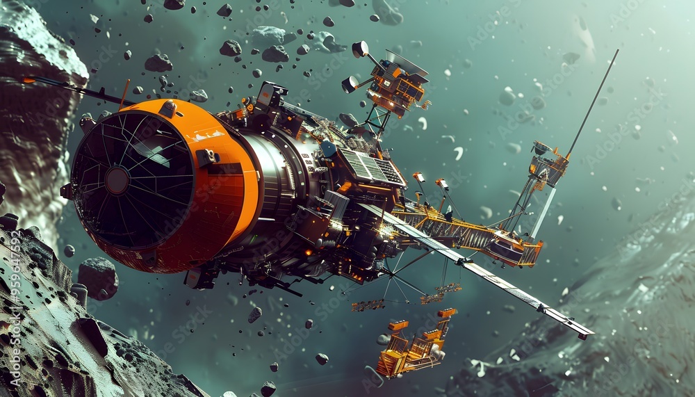 Futuristic spacecraft navigating through an asteroid field in deep space, showcasing advanced technology and exploration. Futuristic spacecraft navigating through an asteroid field in deep space, showcasing advanced technology and exploration.