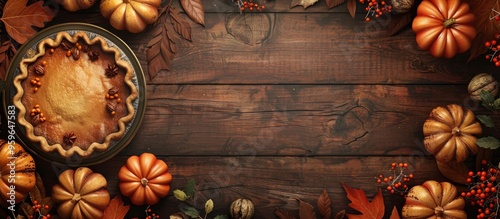 Wallpaper Mural pumpkin pie pumpkins leaves and berries on a wooden surface. Copy space image. Place for adding text and design Torontodigital.ca