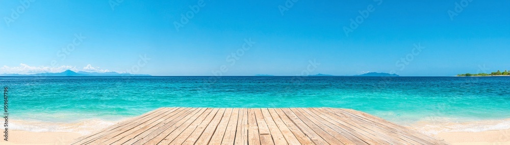 Fototapeta premium tropical paradise beach with wooden deck, azure sky, turquoise water, and white sand