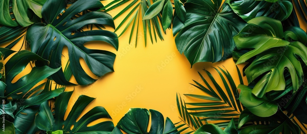 Top view of tropical leaves on a bright background Summer flat lay arrangement. Copy space image. Place for adding text and design
