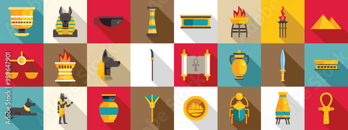 Anubis icons set. Set of ancient egyptian culture symbols representing country and civilization with pyramids and anubis in flat style