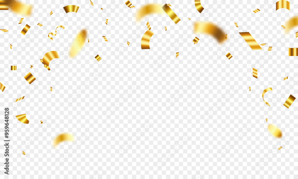 Fototapeta premium Gold confetti template. Shiny ribbons falling on abstract background. Design template for party celebration and birthday banner background, confetti,