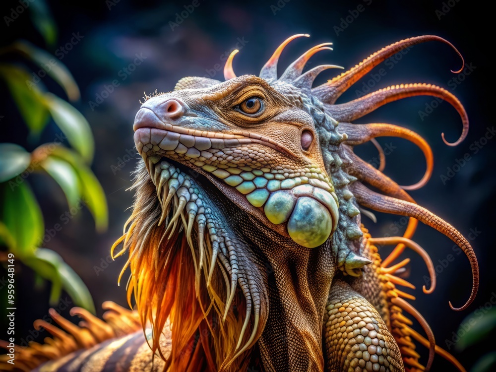 Obraz premium A photo image of a majestic serpent-like creature with five claws, flamboyant whiskers, and a long beard flowing down its neck.