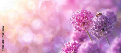 Bee on purple Allium hollandicum Persian onion Dutch garlic flower A bright sunny photo with selective focus and free blank copyspace for text Suitable for cards posters website decoration etc