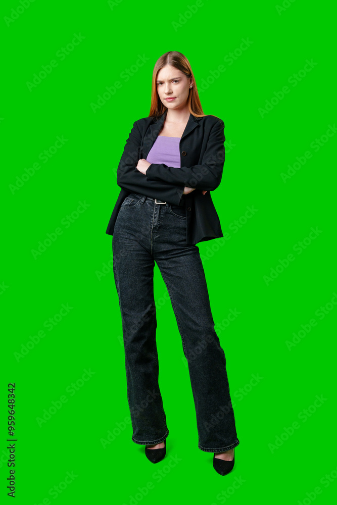 Young Woman Wearing Black Blazer and Purple Top Against Green Screen Young Woman Wearing Black Blazer and Purple Top Against Green Screen
