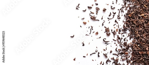 Quote created with dried tea leaves on a white background viewed from above suitable for your messages. Copy space image. Place for adding text and design photo