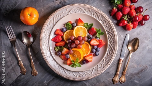 A Plate of Fresh Fruit with Oranges, Strawberries, and Grapes photo