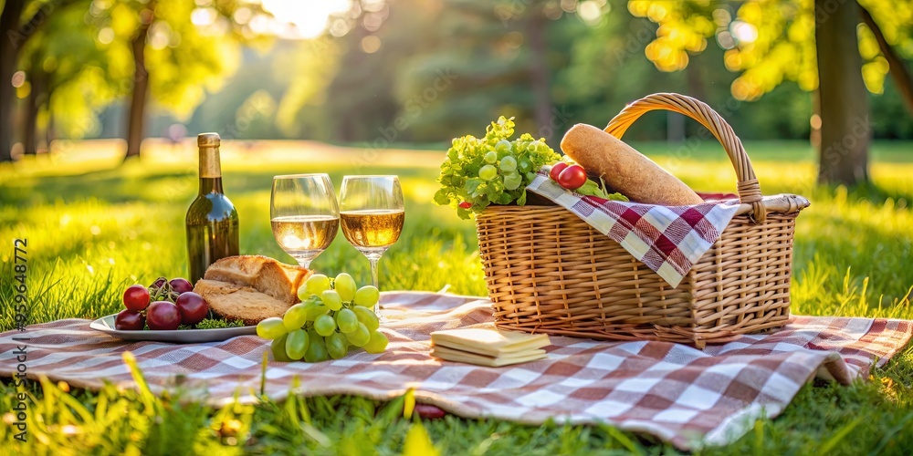 Picnic basket on a blanket with wine, grapes, sandwiches, and a book in a sunlit park during summer Picnic basket on a blanket with wine, grapes, sandwiches, and a book in a sunlit park during summer