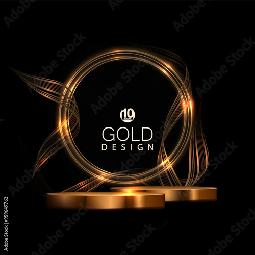 Design with isolated gold podium and abstract shiny round frame on black background.