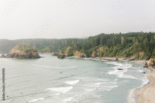 Coastal landscape with waves, forested cliffs, and a sandy beach photo